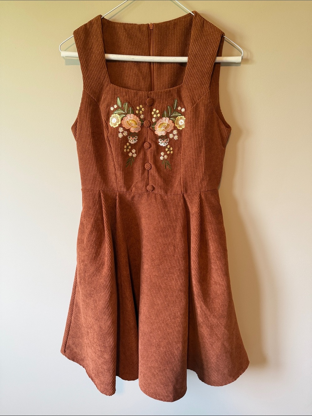 Brown Corduroy Embroidered Floral Mini Pinafore Dress Cottagecore Square Neck Sm